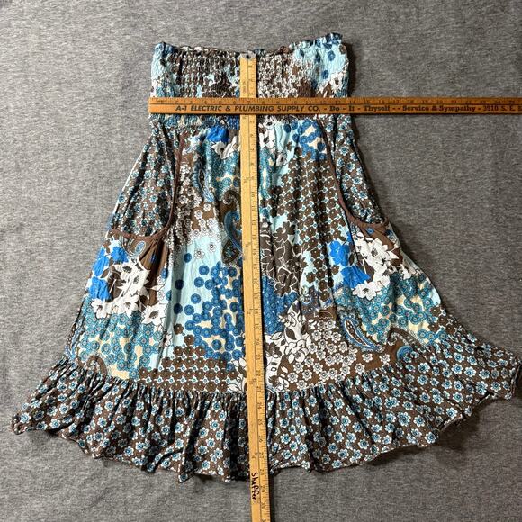Vtg Y2k TOPSON DOWNS Brown Blue Paisley Boho Strapless Tube Dress Cotton L - Picture 6 of 11